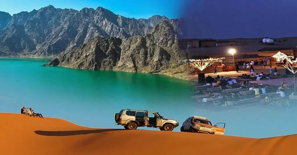 Desert safari Dubai with Hatta tour showing sand dunes, 4x4 vehicle and Hatta mountains