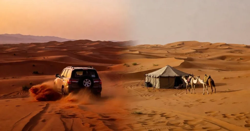 Abu Dhabi vs Dubai desert safari comparison showing red dunes in Dubai and golden dunes in Abu Dhabi