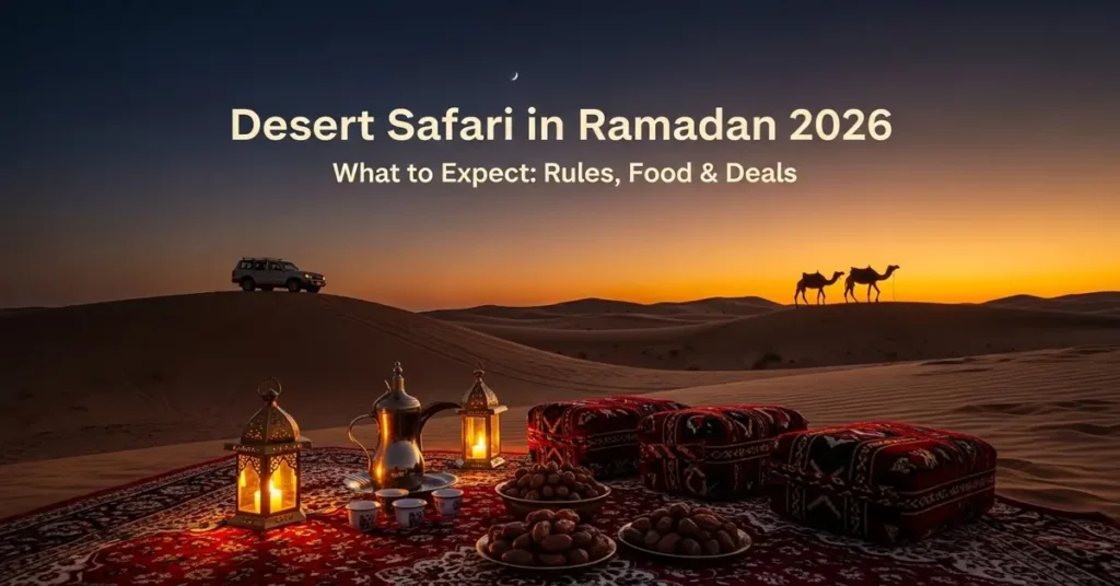A traditional Iftar setup in the Dubai desert during Ramadan 2026 with dates, Arabic coffee, and a sunset view of dunes and camels.