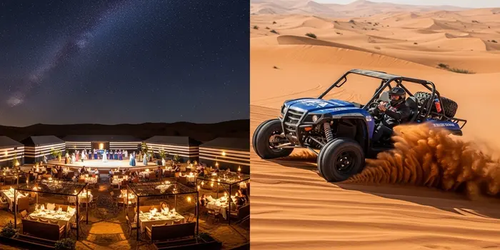 A split screen showing a traditional Dubai desert safari camp and a high-speed dune buggy adventure.