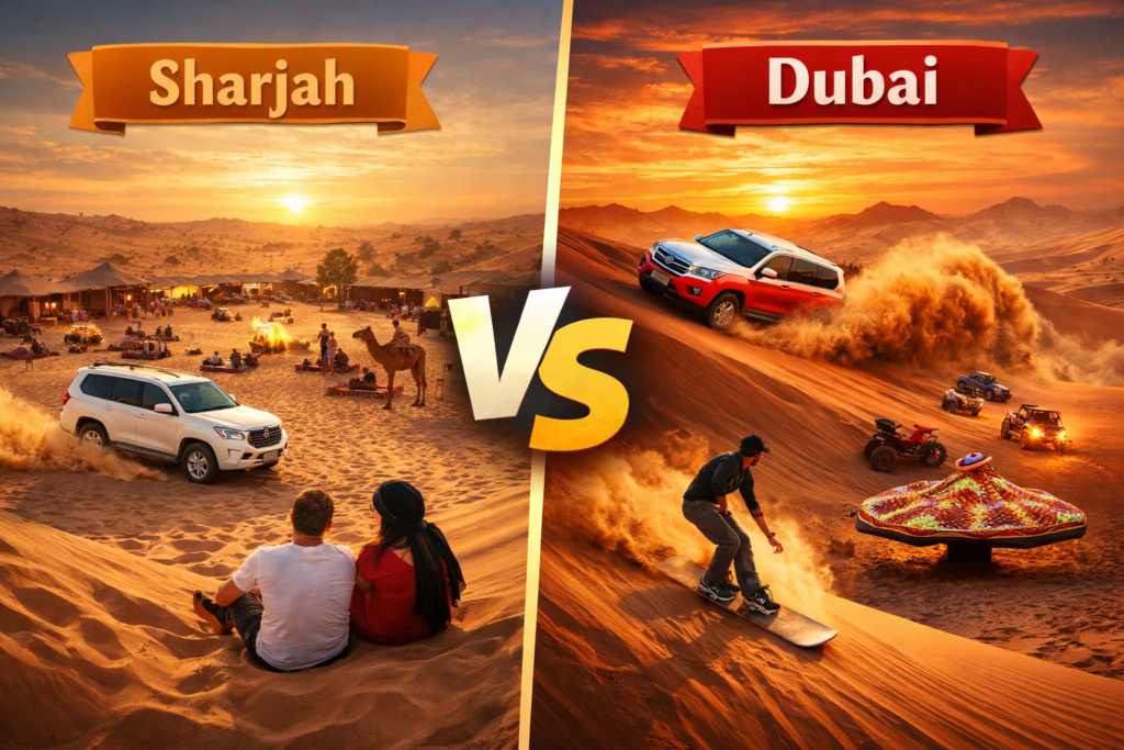 Sharjah vs Dubai desert safari comparison with dunes, camp, and dune bashing