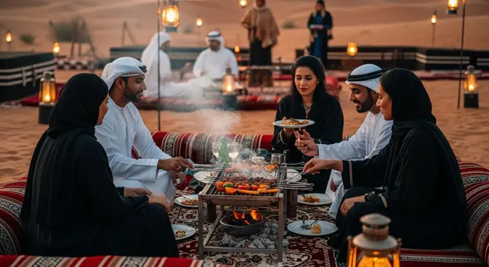 Tourists enjoying BBQ dinner at a traditional desert safari camp in Dubai during Eid celebration